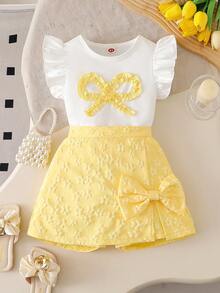 Young Girl Bow Front Cap Sleeve Fashionable Top And Bow Slit Fashionable Skorts Set - White - View 1