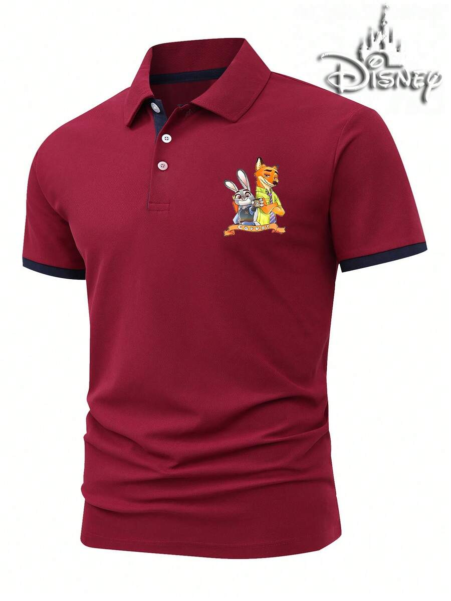 The Disney Men's 210g Polo Shirt Is A Short-Sleeved Summer Style, Zootopia Polo Shirt, Combining Business Casual Style, Featuring Both Stand Collar And Turn-Down Collar Design, Suitable For Daily Wear And Golf. - Màu Đỏ Sâu - Xem 1