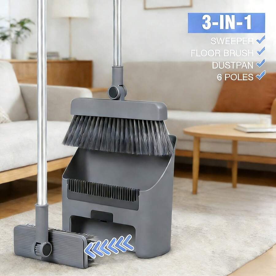 ZBEZBE [New 4-In-1] Upgraded Version Of The Broom Set (Including Broom + Dustpan + Wiper + Floor Brush) Household And Commercial Cleaning Tools Suitable For Home/Office/Garden/Restaurant - Gray 3-in-1 (without Scraper) - View 1