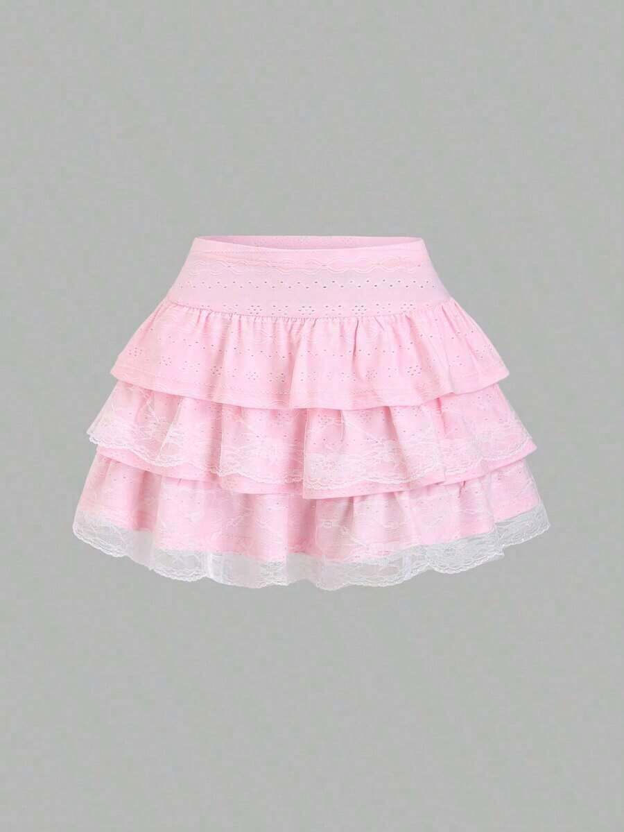 Falda con volantes en capas estilo A con tela texturizada negra y encaje en contraste, estilo evasé y estilizador, inspirado en la década 2000 - Rosa Pálido - Ver 1