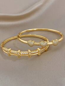 18K Gold Plated Anti-Fading Elegant Pave Heart&Linear Zirconia Bangle Bracelets Set,Suitable For Women Daily Wear, Dating, Parties,Gathering, Beach Vacation,Holidays,Spring,Valentine's Day Gift,Gifts For Mom,Boho,Wedding Season,Bridesmaids,Anniversary,Music Festival Easter Day - Multicolor - View 7