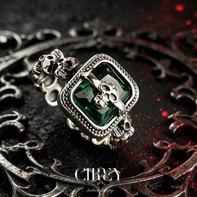 CIREY 1pc Vintage Zirconia Skull Open Ring, Punk Hiphop Style Personalized Ring Suitable For Daily Wear, Unisex