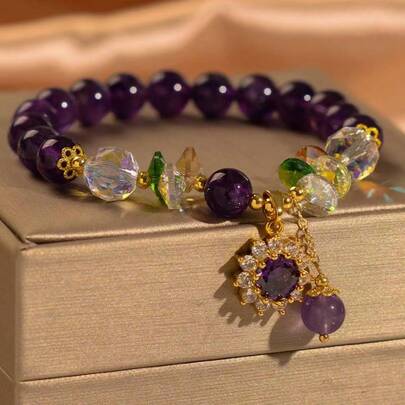 1 chiếc vòng tay nữ cao cấp đính hạt thạch anh tím tự nhiên, mặt dây chuyền hình hoa hướng dương đính pha lê và đá Zirconia nhiều màu sắc, vòng tay quyến rũ độc đáo, phụ kiện đa năng theo phong cách Châu Âu và Mỹ.