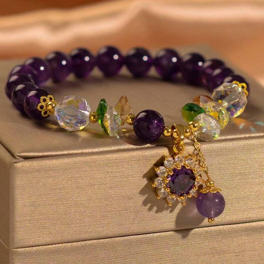 1pc Women's Luxury Natural Amethyst Beaded Bracelet, Colorful Crystal & Zirconia Sun Flower Pendant, Unique High-End Charm Bracelet, European & American Ins Style Versatile Accessory