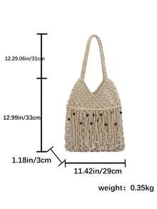 1pc Niche Design Woven Underarm Bag With Beads & Tassel, Versatile Casual & Work Tote - White - View 7