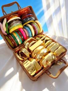Vintage Elegant Retro Coin Design 1-25pcs/Set Metal Geometric Asymmetrical Hollow Line Wrapped Flower Carved Textured Wide Bangle Bracelet, Exaggerated Hiphop High-End Jewelry For Women Men Couples, Ideal For Vacation, Party, Date, Holiday Gift, Daily Matching, Halloween, Christmas, New Year (Random Style) - Multicolor - View 2