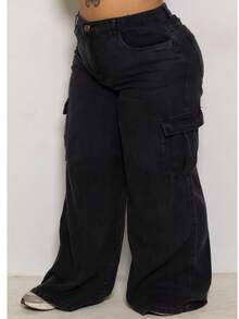Women's High-Waisted Marbleized Cargo Jeans With Shaping Effect - 深灰色 - 查看 2