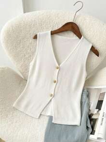 Chaleco de punto tejido, escote en V, botones decorativos dorados, diseño sin mangas, corte ajustado, prenda elegante y versátil para outfits casuales, oficina o eventos especiales - Blanco - Ver 4