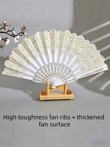 1 件女士白色手持扇，金色箔片花卉图案，时尚折叠扇 - 白色 - 查看 3