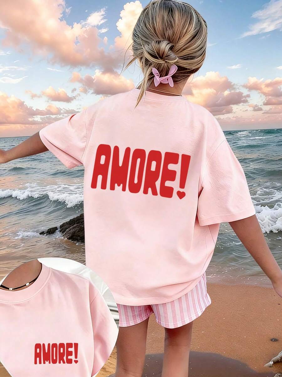 少女休闲趣味印花圆领短袖T恤，夏季上衣 - 粉色 - 查看 1