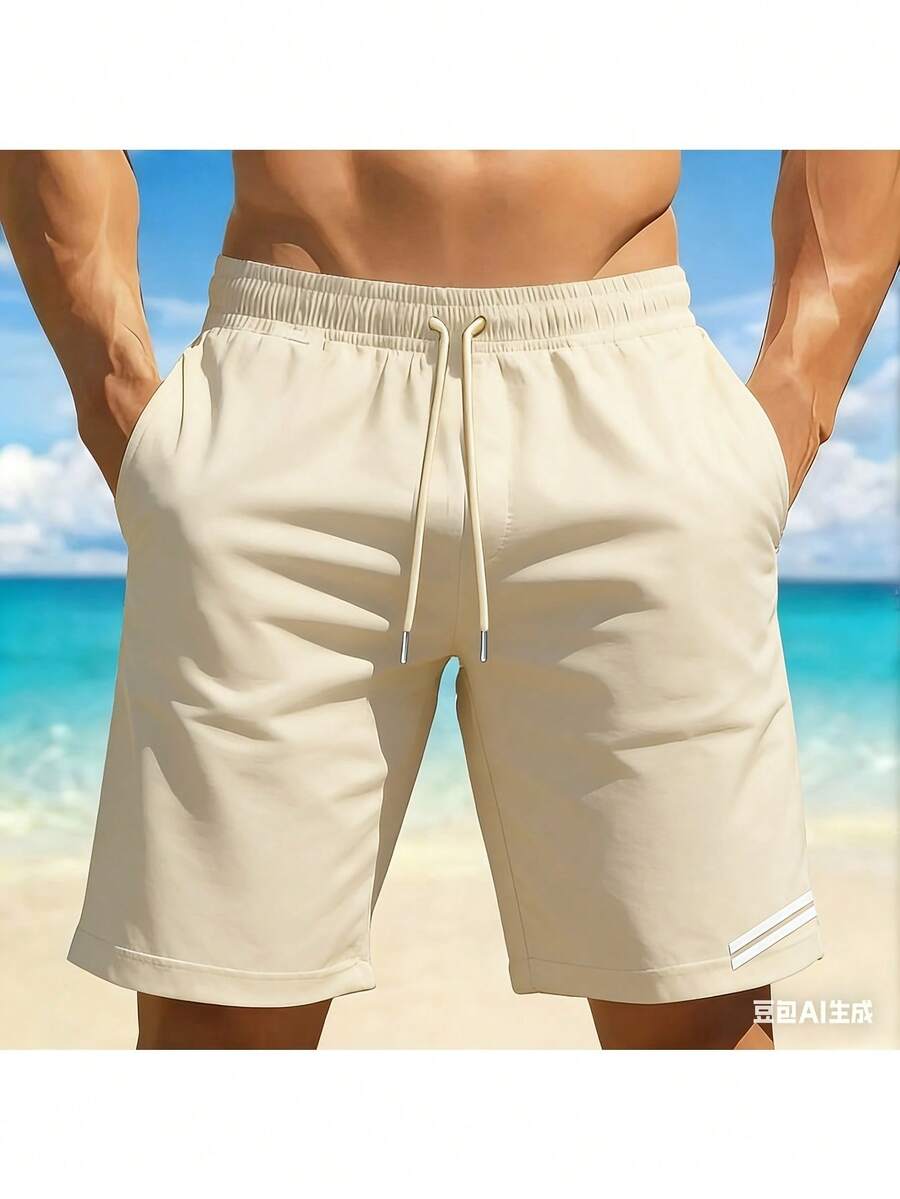 Quick-Dry Beach Shorts With Coastal Scenery Print, Lightweight Drawstring Beach Shorts, Casual, Slightly Stretchy, Perfect For Summer Vacations, Surfi - 米色 - 查看 1