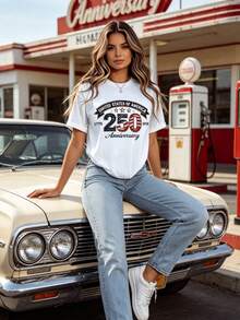 Printed Style, Without Diamonds,USA 250th Anniversary Shirts,Birthday America 250 Years Of Freedom Outfit,Patriotic Independence Day T-Shirt,America 1776-2026 Shirts,Retro Freedom Outfit Summer Outfits For Women,Vacation Outfits Women,Elegantes - 白色 - 查看 4