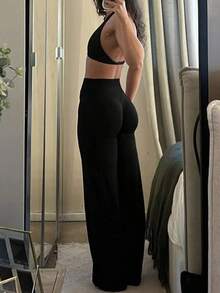 Pantalones acampanados ajustados de unicolor elegantes y modernos para el trabajo y el deporte para mujer, primavera - Negro - Ver 12