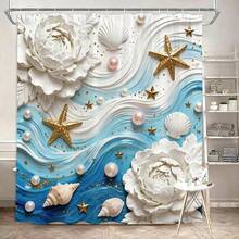 1/4pcs 3D Wave & Starfish Shower Curtain Set, Bathroom Curtains With Carpet, Shell & Pearl Decor, Bathroom Set Includes Shower Curtain And Rug, White Floral Shower Curtain For Toilet Lid - A - View 21