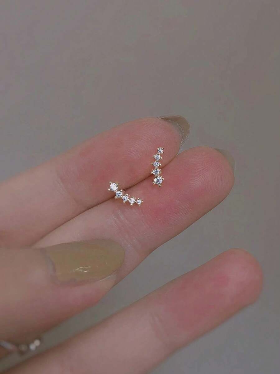 1对闪耀流星迷你钻石耳钉，简约弧形钻石耳环 - 金黃色 - 查看 1