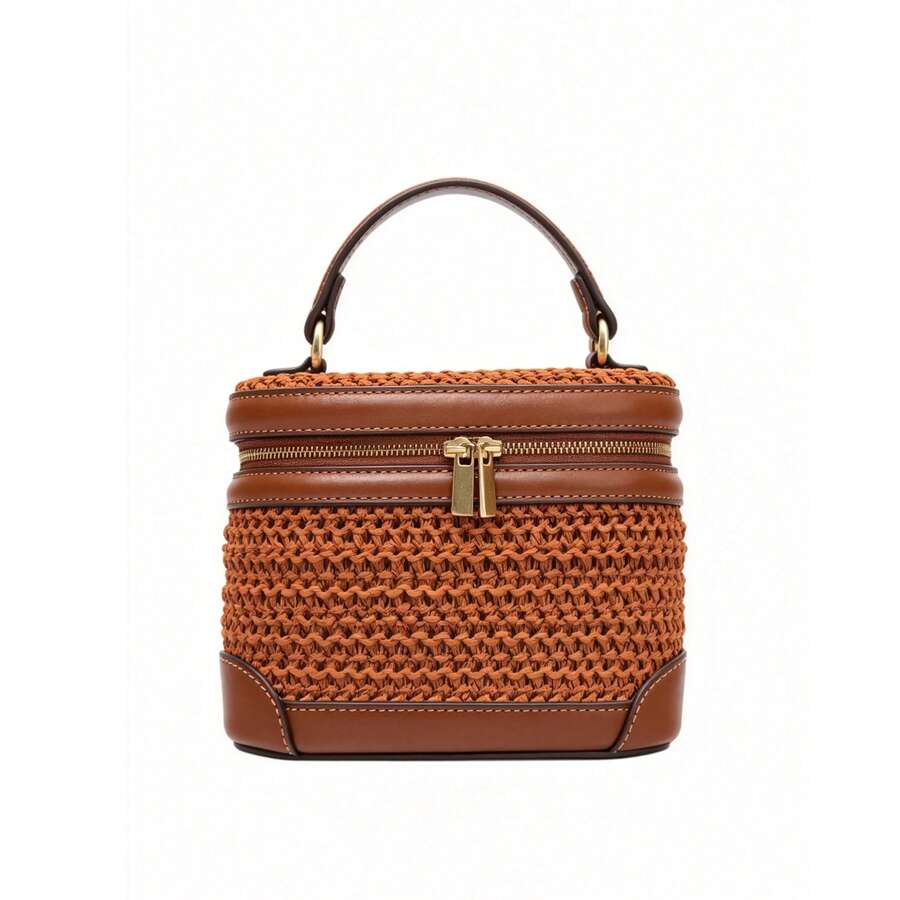 Bolso de mano tejido estilo vacacional, nuevo bolso de paja de moda, bolso de hombro casual con pliegues, bolso de pecho versátil - Teja - Ver 1