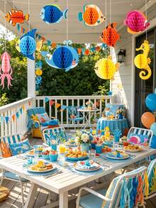 3pcs Ocean Party Decoration Set, Tropical Fish Honeycomb Ball Set, Rainbow Hanging Decorations, Indoor And Outdoor Colorful Ocean Style Decorations,Birthday Party Props,Holiday Celebrations,Party Supplies,Under-The-Sea/Luau/Hawaiian/Table Centerpiece - A - View 5