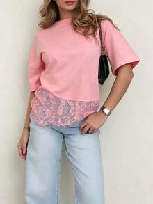 Camiseta de manga corta con parche de encaje de unicolor de punto, informal, deportiva, para oficina para primavera/verano, color negro - Rosa - Ver 5