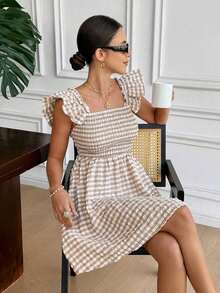 Vestido casual mini con cuello cuadrado y mangas cortas a cuadros para mujer - Albaricoque - Ver 4