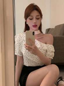 French Elegant Ruffle Asymmetrical Shoulder Short Sleeve Chiffon Top, Unique Design Summer Top For Women White - White - View 2