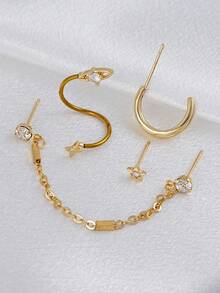 Set Anting Rantai CZ Bintang Emas Saturnus - 4 Buah Anting Tusuk Tulang Rawan & Anting Lingkaran Huggie dengan Rantai Gantung untuk Wanita, Perhiasan Tindik Telinga yang Dapat Ditumpuk - Yellow Gold - View 6