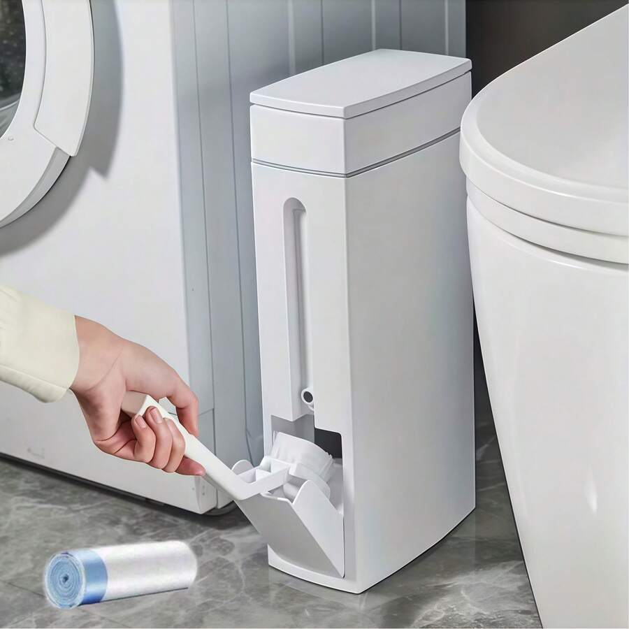 Space-Saving Ultra-Thin Corner Trash Can With Toilet Brush And Holder – Compact Rectangular Bathroom Waste Bin, Durable Plastic Design, Battery-Free, Suitable For Home Use, Compatible With Toilet Paper Holder And Bathroom Accessories, Maximizes Space Efficiency, Multi-Functional Cleaning Tool