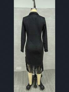Vestido de manga larga ajustado de gamuza con flecos estilo vaquero del oeste - Negro - Ver 4