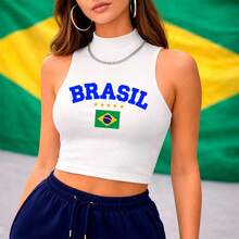 Cropped High Neck Ribbed Tank Top Sizes P To G3 With "BRAZIL" Written On It Summer Fashion Women's Blouse - White Brazil Writing BLUE - View 1