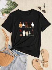 T-Shirt With Rooster Print And Round Neck - Black - View 5