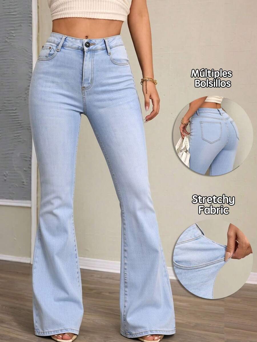 Light Blue Stretch Bell-Bottom Jeans, Butt Lift And Tummy Control - Light Blue - View 1