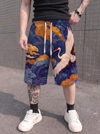  Fractyr 男士丹顶鹤海浪印花宽松长款短裤，柔软触感传统中国街头风抽绳短裤，东方美学休闲夏季下装