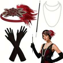 4er Set 1920er Kostüm & Accessoires inklusive Kopfschmuck, Halskette, Handschuhe und Handaccessoire, Damen 1920er Stil Kostüm & Accessoires Kombination für Maskenball, Hochzeit und verschiedene Partyanlässe - C - Übersicht 6