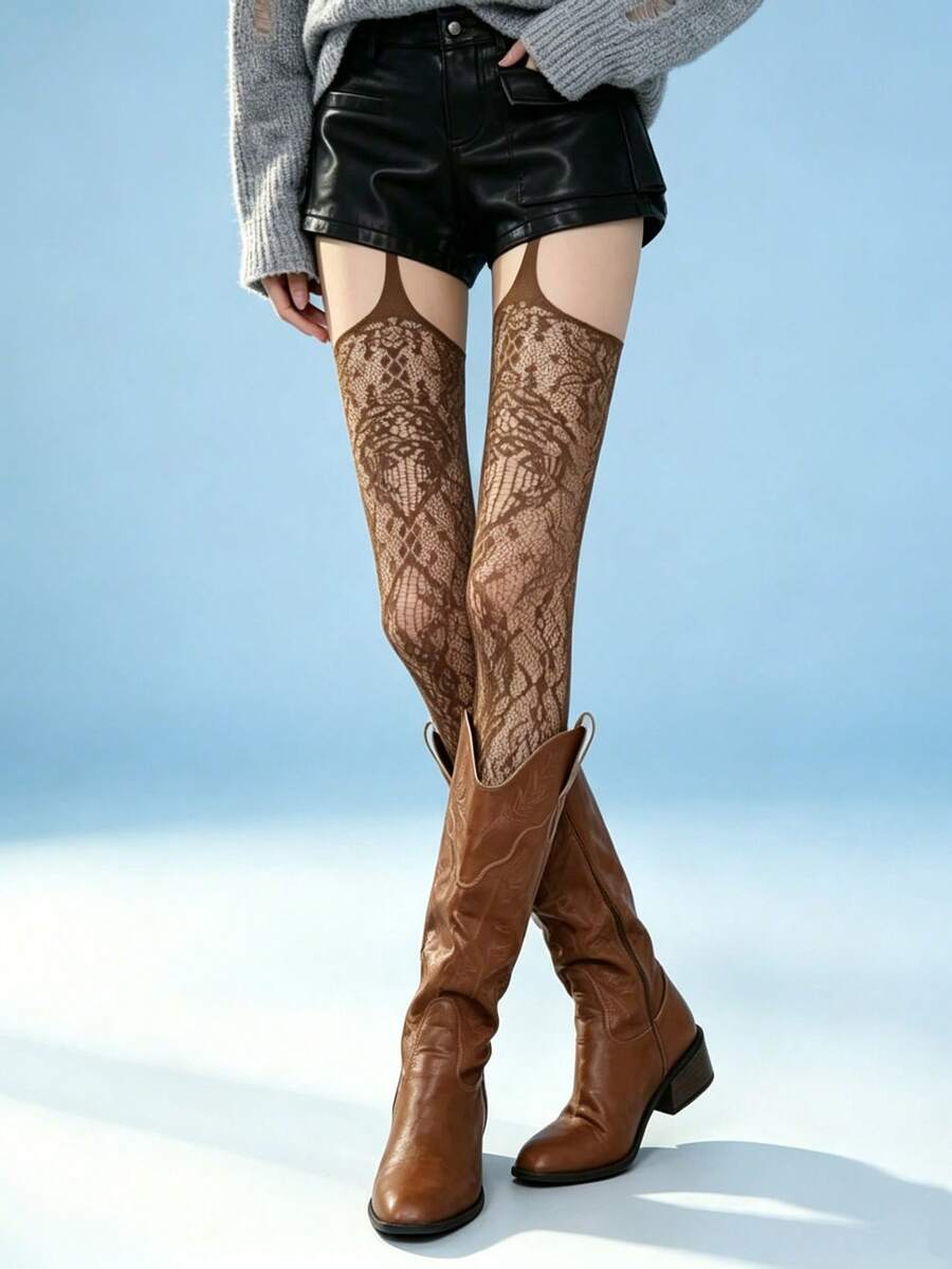 1 Pair Lace Rose Pattern Hollow Mesh Over-The-Knee Socks, Hollow Design, Suitable For Summer Daily Gatherings, Parties And Outings - Brown - View 1
