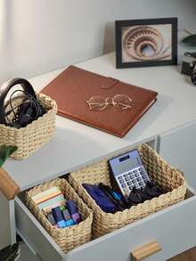 Juego de cestas organizadoras de estilo trenzado, 3 piezas, 3 tamaños, ideal para el cuarto de baño, el armario y otros espacios donde se necesita ordenar; fabricadas en cordón de papel (color beige y color lino) - Ver 2