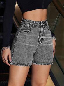 Pantalones Cortos De Mezclilla Para Mujer Con Bolsillos - Gris - Ver 3