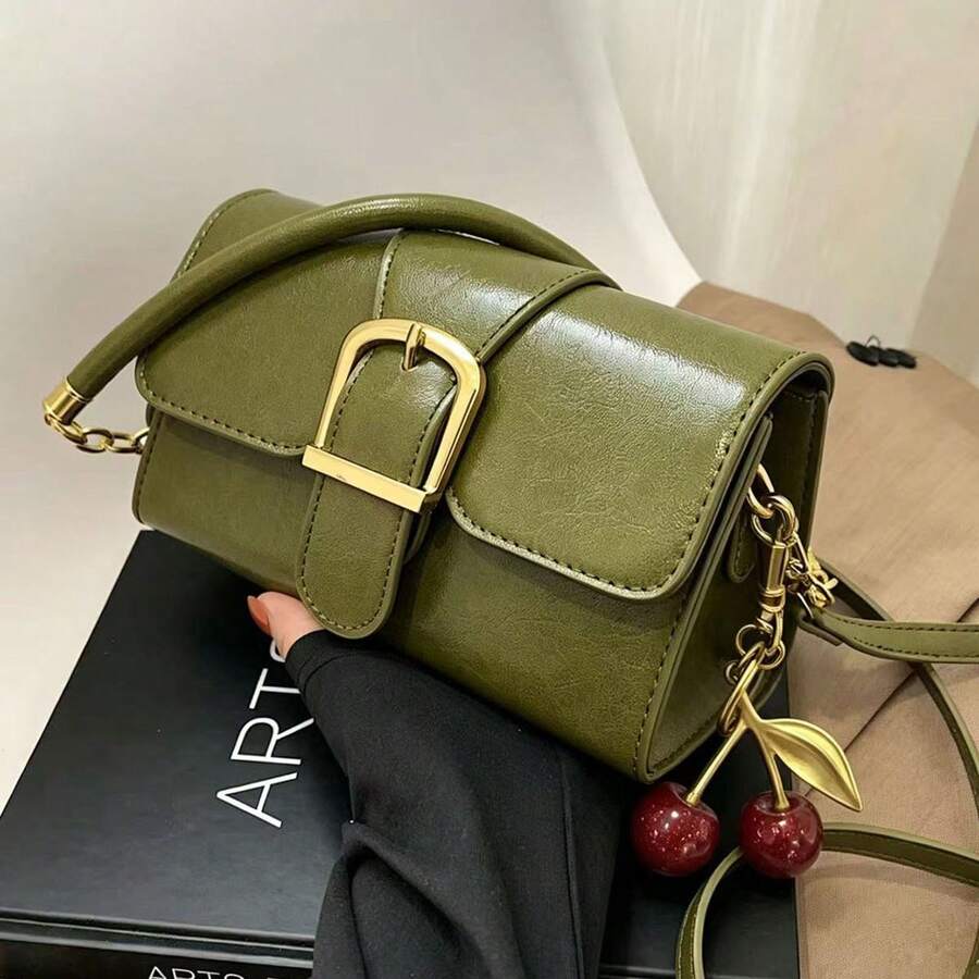 時尚簡約鎖扣肩背斜背包,女款通勤腋下包,清新橄欖綠時尚小方包,附精緻櫻桃鑰匙圈吊飾 - 橄欖綠 - 查看 1