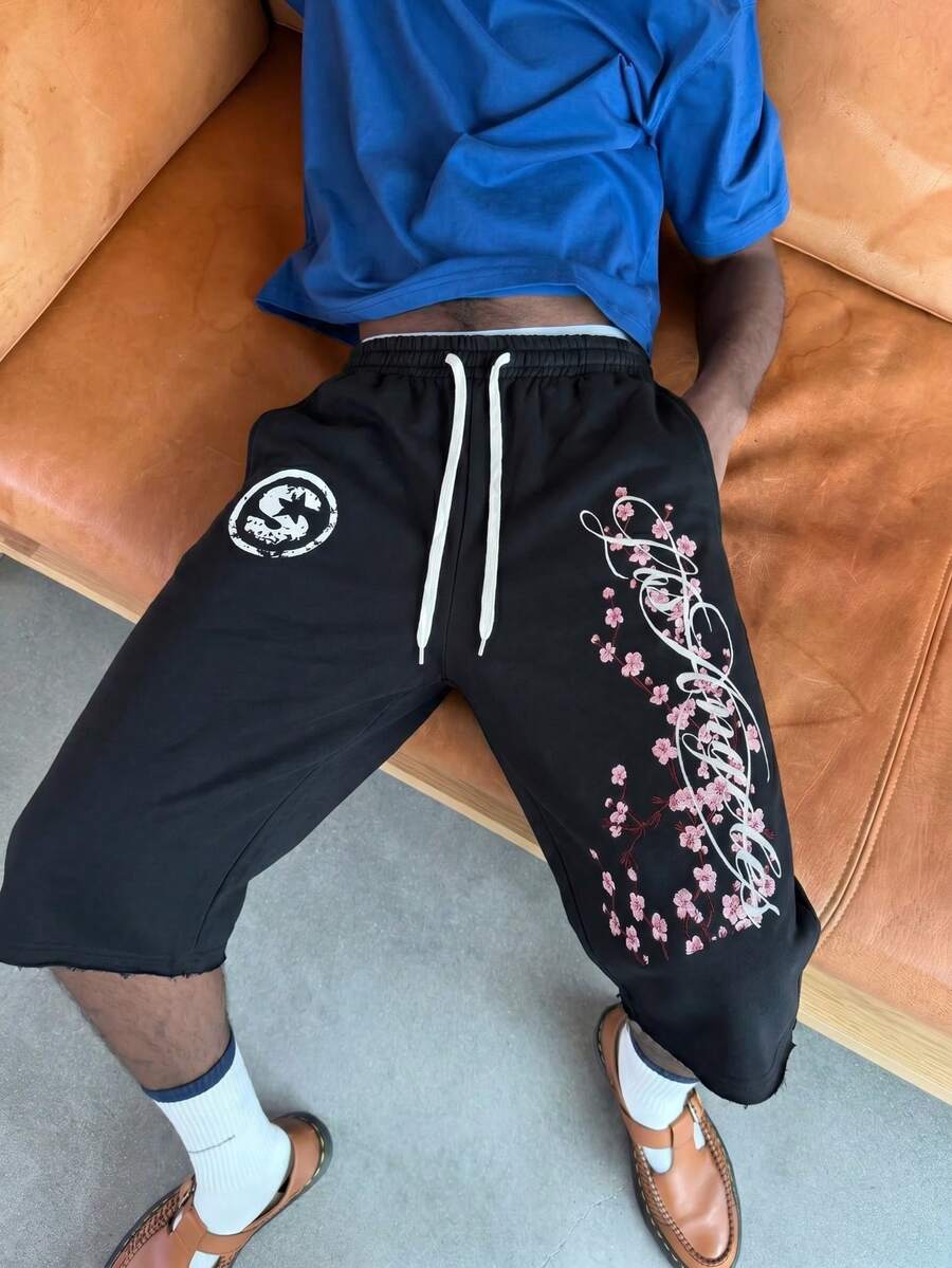 FRACTYR 男士阔腿七分裤，夏季美式街头风抽绳毛边休闲运动裤，品牌纯色百搭裤，舒适透气，适合夏季穿着 - 黑色 - 查看 1