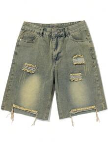 American Retro Distressed Frayed Denim Shorts, Men's Loose Straight LegBermuda Shorts - Yellow - View 5