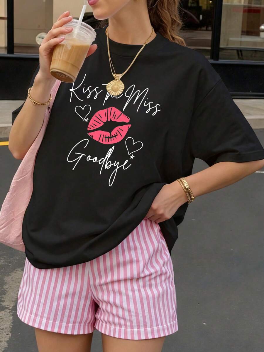 Camiseta negra con estampado de labios y texto Kiss me I miss Goodbye para mujer estilo casual verano - Negro - Ver 1