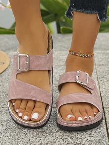 Sandalias de mujer talla grande 36-43 de verano con suela suave antideslizante, hebilla de metal ajustable y doble correa. Sandalias planas de punta descubierta con suela gruesa para uso casual, paseos, compras. Color rosa claro mate de piel sintética, elegantes y versátiles. - Escarchado rosa - Ver 4