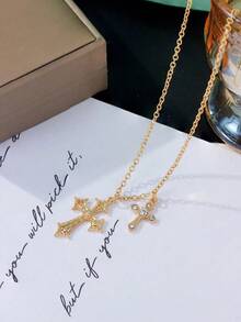 1pc Exquisite Cross Pendant Necklace Inlaid With Rhinestone - Vàng - Xem 2