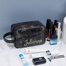 1pc Personalized Faux Leather Toiletry Bag With Hook, Groomsman Gift Travel Bag With Laser Engraved Letter Pattern, Anniversary Gift For Husband Father, Faux Leather Wash Bag With Side Handle - Multicolor - View 2