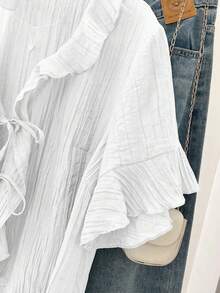 PARARAL 大码女装夏季时尚纯色拼接荷叶边系带透明衬衫 - 女士休闲夏季服装 白色 - 白色 - 查看 7