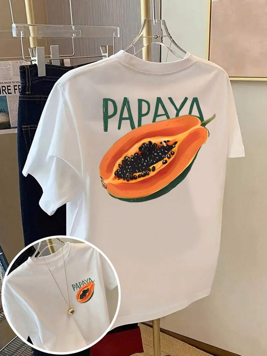 T-shirt homme – Été, manches courtes, col rond, imprimé papaye recto verso, 100 % coton, coupe confortable, basique élégant - Blanc - Voir 1