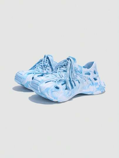 Jifffly 1 đôi dép xăng đan thể thao nhẹ, chống trượt, unisex, kiểu dáng thon gọn, thoáng khí, màu xanh da trời và trắng trơn, đế ngoài EVA mềm mại, giảm sốc, giày thấp cổ thường ngày ngoài trời.