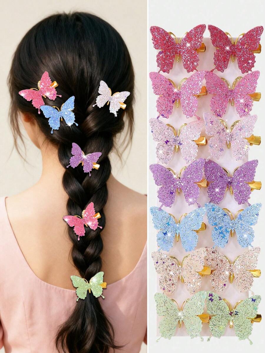 10pcs/Set Girls Colorful Shiny Sequin Butterfly Hair Clips, Golden Elegant Base, Princess Hair Accessories, Suitable For Daily Use - Multicolor - View 1