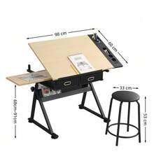 Adjustable Drawing Drafting Table Desk With 2 Drawers For Home Office And School With Stool(Maple) - A - 查看 2