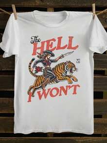100% cotton Camisa de manga corta de vaquera "¡Yo no quiero!" para damas: camiseta de cuello redondo con motivos de jinetes de tigres vintage y tatuajes del oeste, un top casual con estilo salvaje del oeste.Esta es una camiseta de algodón puro para damas, suave, suple y versátil, adecuada para el trabajo diario, salidas casuales y deportes.Es una camiseta de algodón puro para damas de primavera y verano, holgada, cómoda y con un toque deportivo, muy adecuada como camiseta base. - Blanco - Ver 6