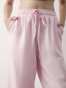 Women Linen Blend High Waist Drawstring Wide Leg Pants Casual Summer Loose Fit Trousers - Pink - View 3