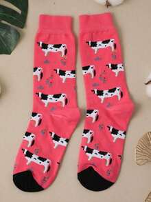 1pair Men's Cow Print Mid-Calf Socks, Fall Socks - Rose Red - View 5